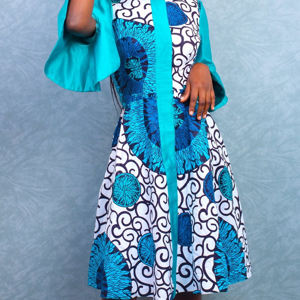 knee length blue dress african print truffle sleeves